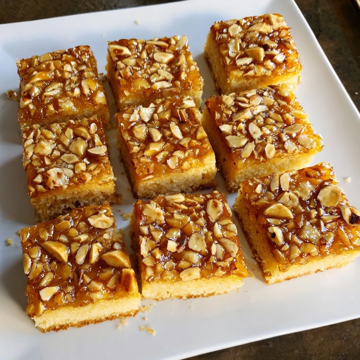 Golden Light Sweet Hazel Treats: Honey and Hazelnut Cake Squares drizzled with sticky honey.