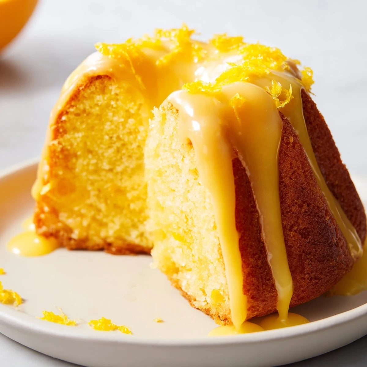 A beautiful, close-up shot of homemade lemon loaf cake drizzled with sweet lemon glaze.