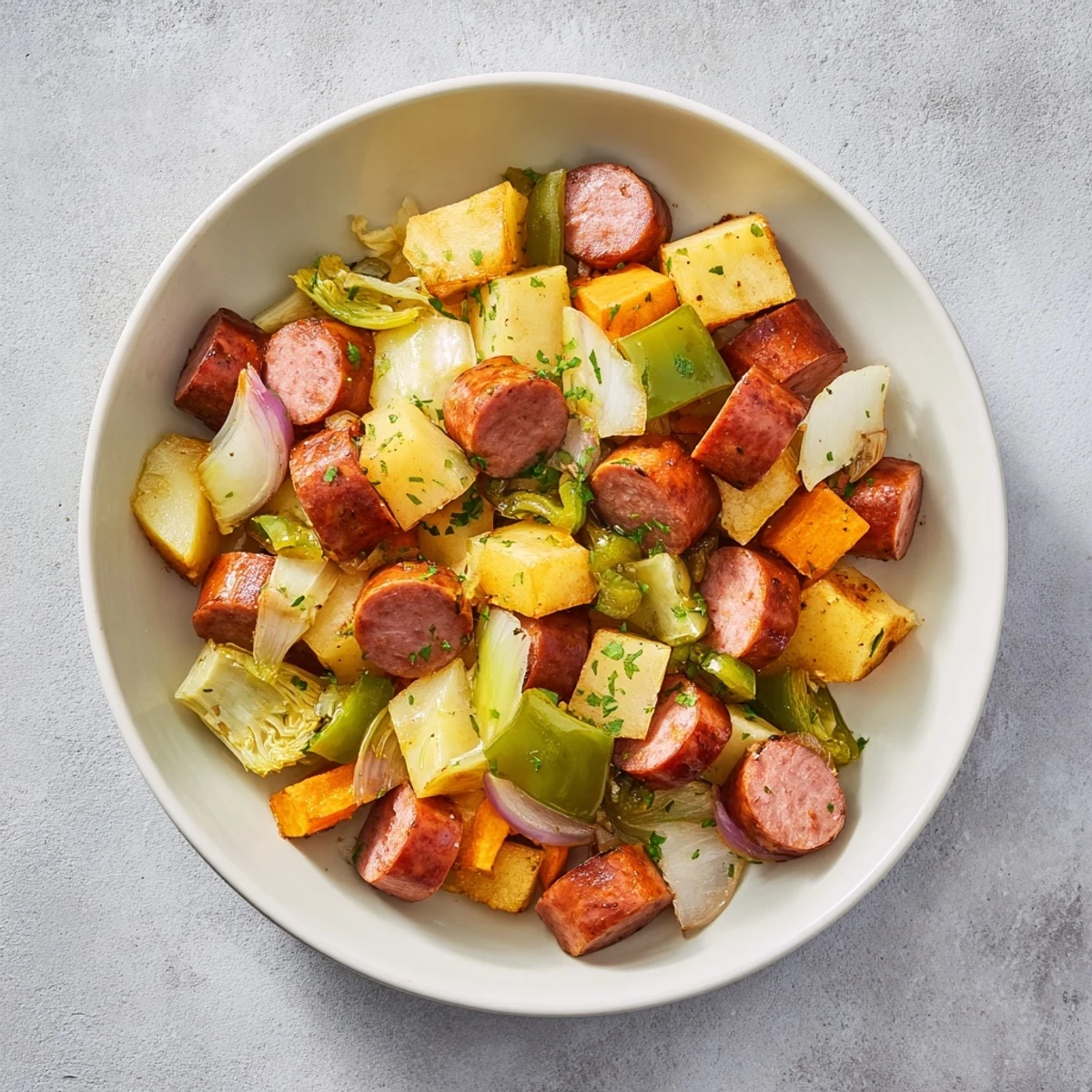 Rustic Flint-Style Skillet: Kielbasa and Cabbage Hash served hot, garnished and ready to eat.
