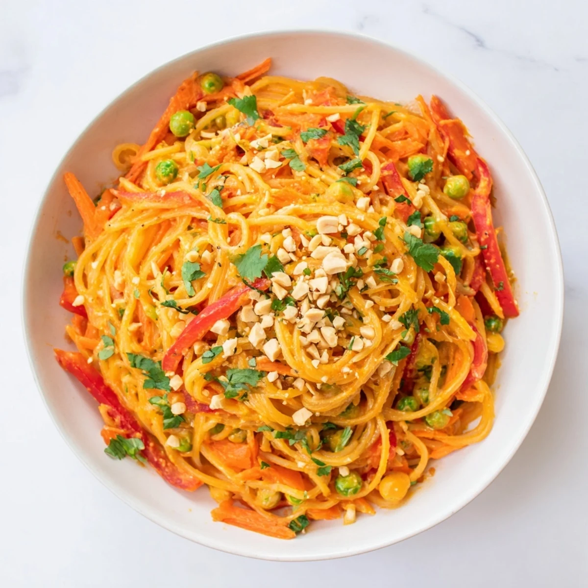 A bowl of Spicy Peanut Noodle Salad with a creamy peanut dressing, sprinkled with roasted peanuts—a flavorful lunch.