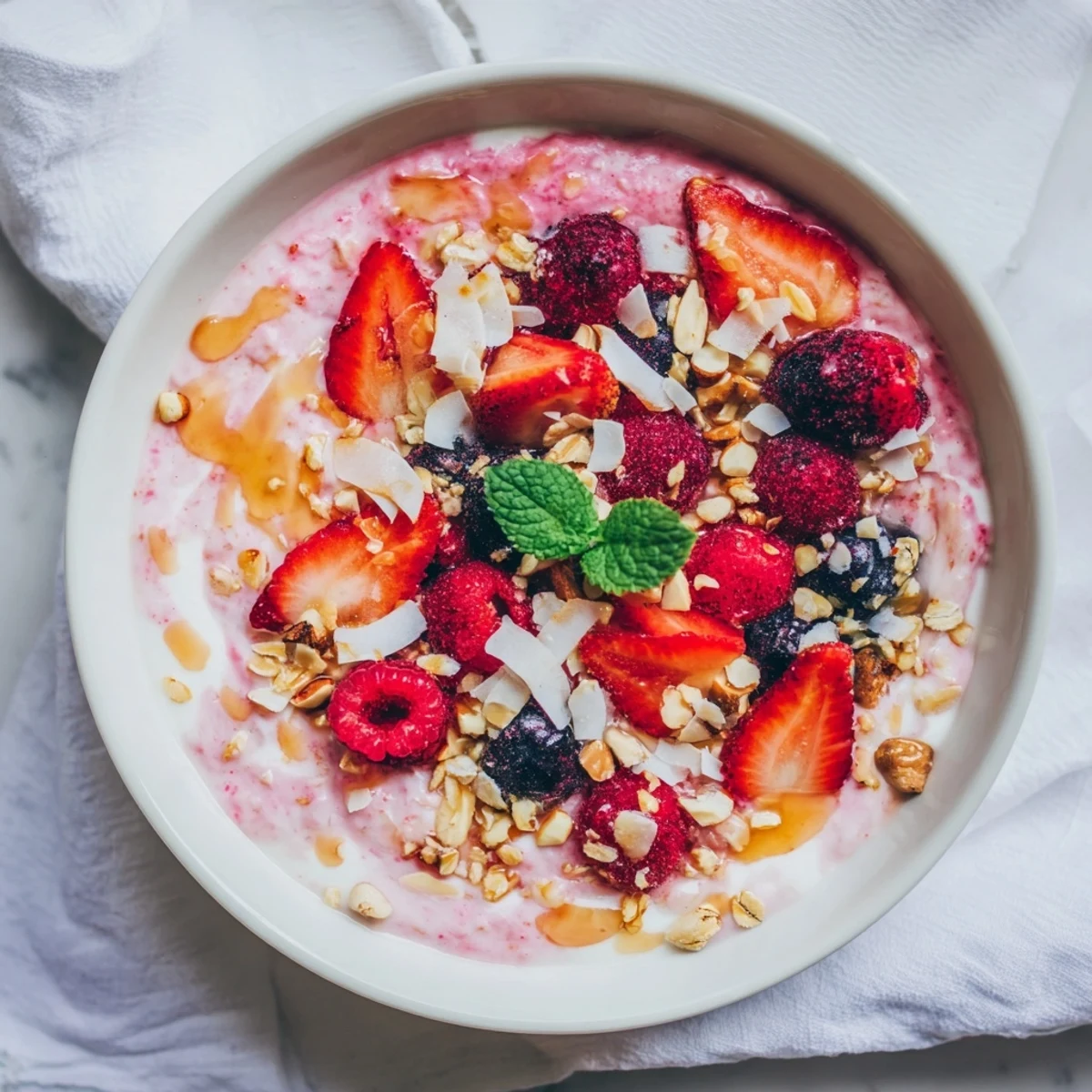 A close-up of chilled Overnight Oats, showcasing a medley of berries and golden honey for a nutritious treat.
