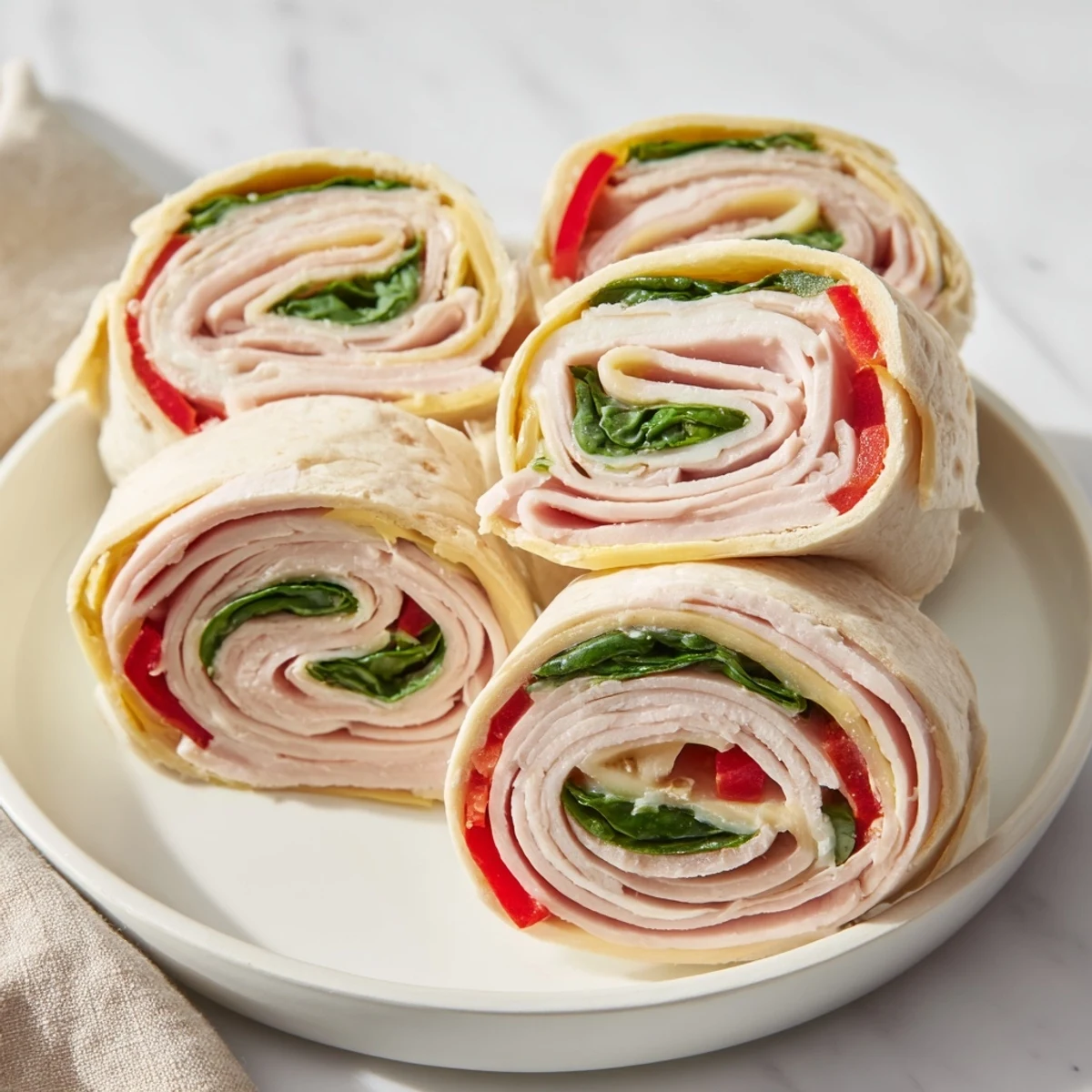 Savory Turkey and Provolone Pinwheels, a visually appealing appetizer on a serving platter, ready to enjoy.