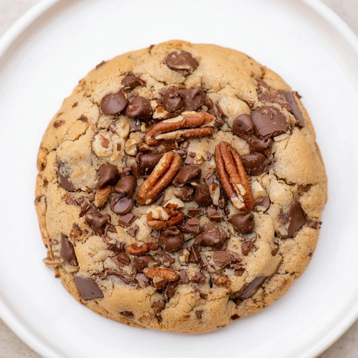Warm, golden-brown classic chocolate chip cookies sit ready to be enjoyed, a perfect sweet treat.