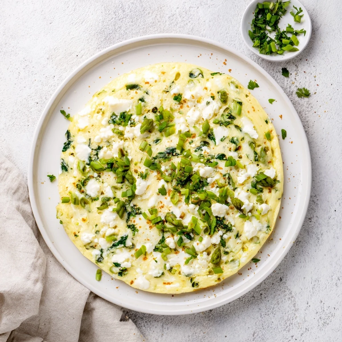 Fluffy Meadow-Soft Cozy Plate Frittata, filled with vibrant spring greens and creamy goat cheese.