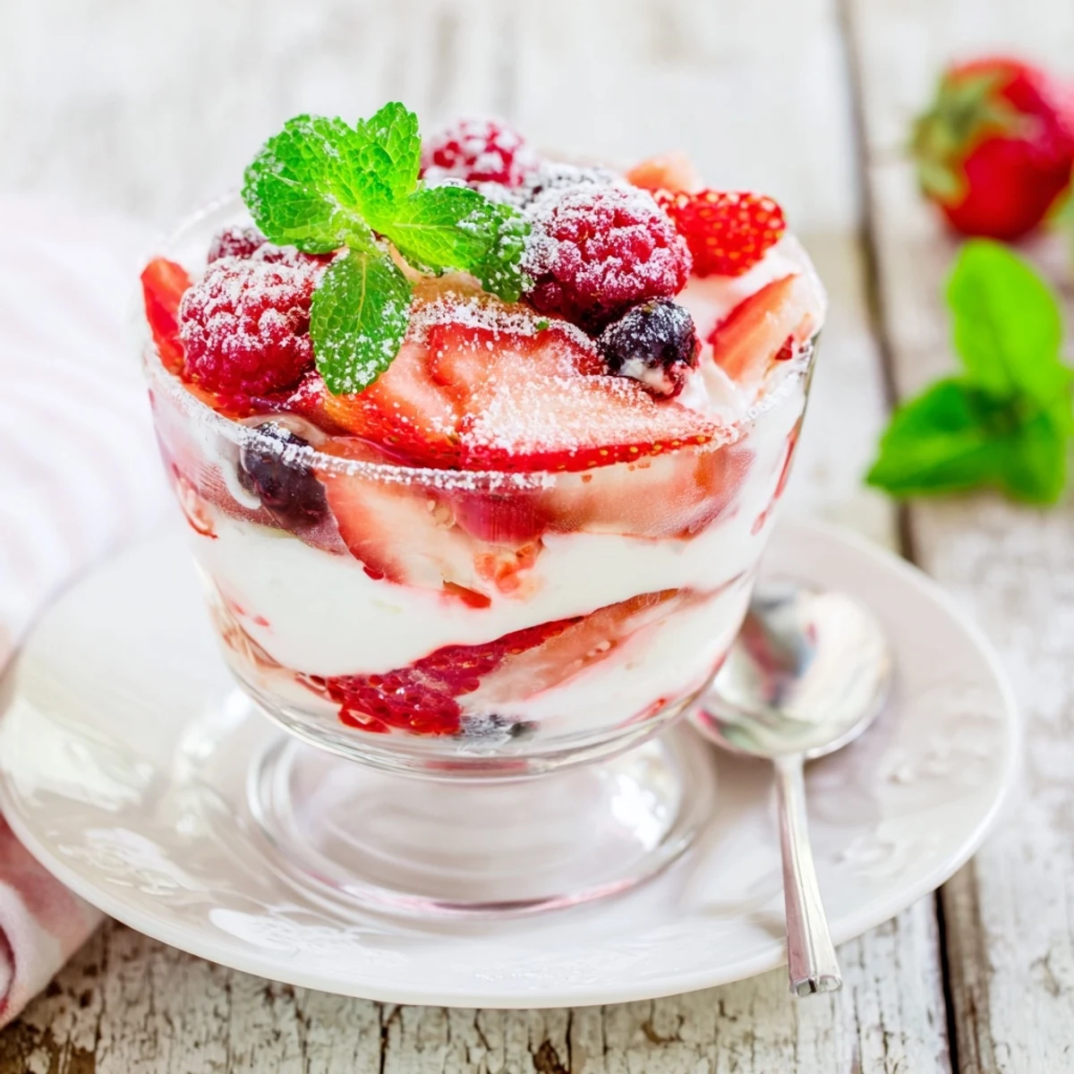 Delicious Berry Parfait with Whipped Cream layers, showcasing vibrant berries and cloud-like cream for dessert.