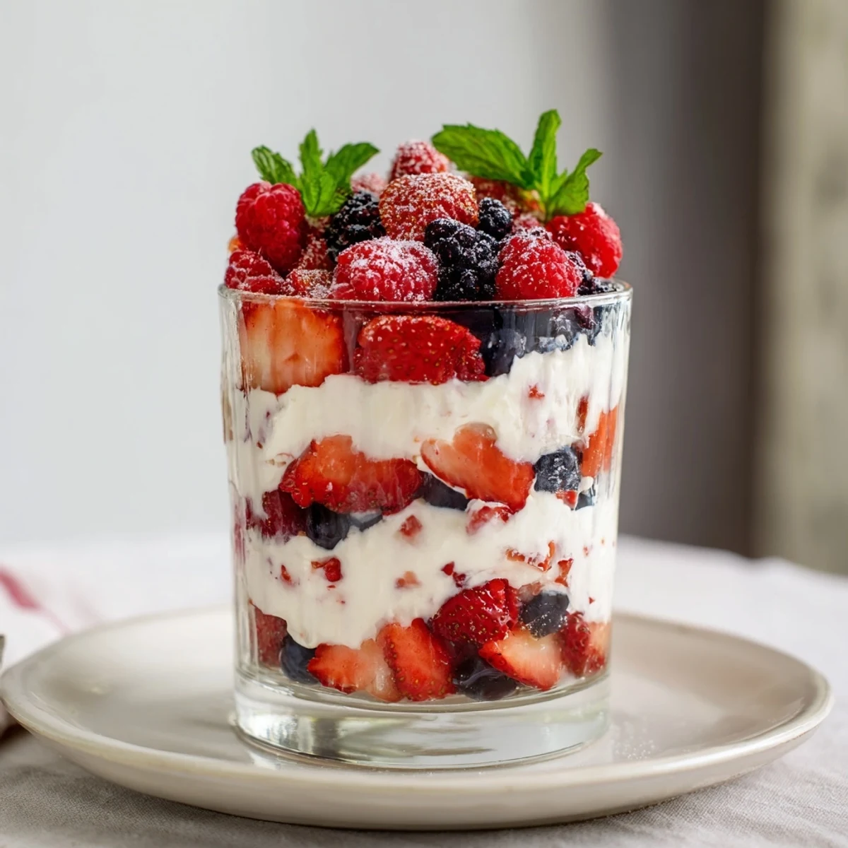 Close-up of a refreshing Berry Parfait with Whipped Cream dessert, ready to scoop and enjoy.