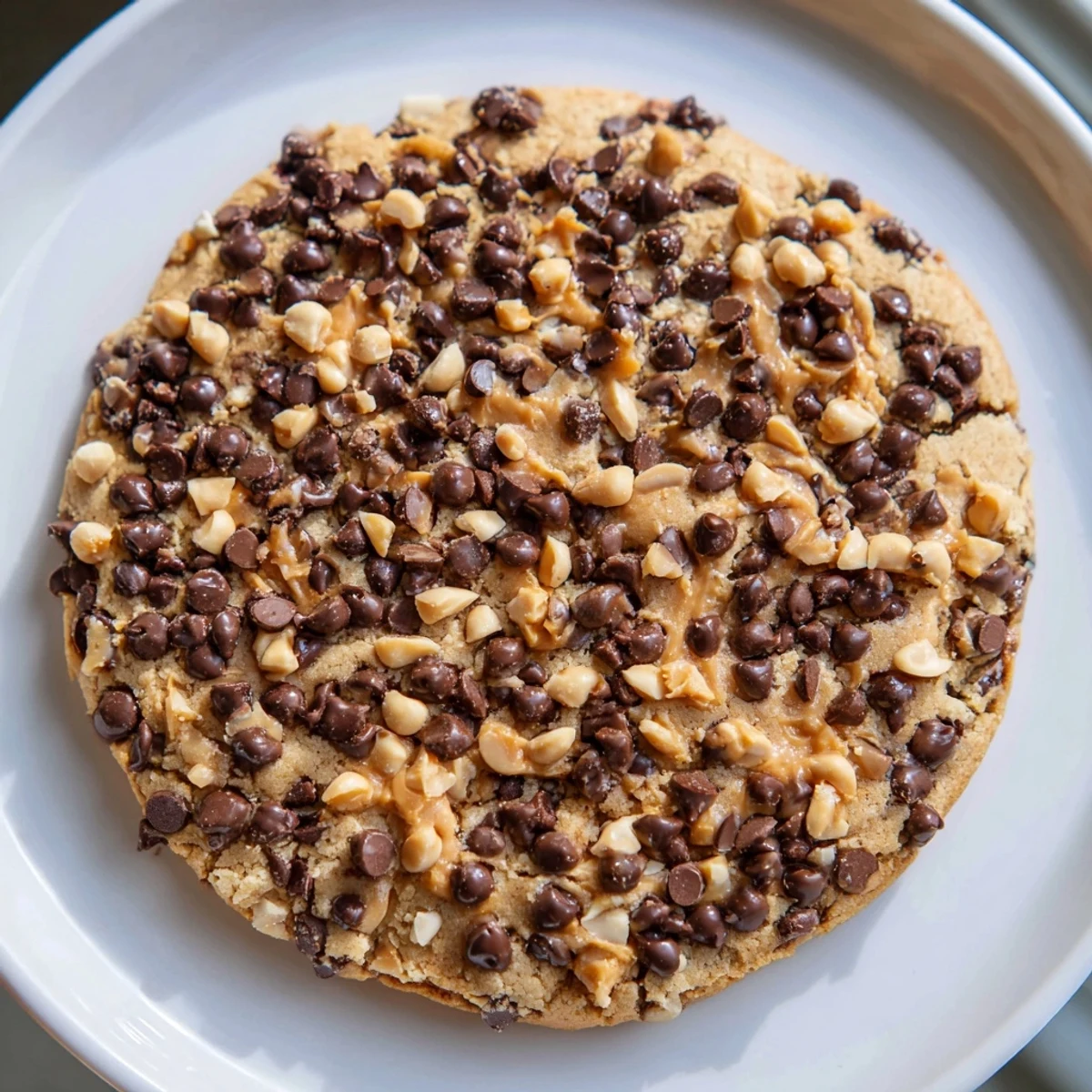 Perfectly round peanut butter chocolate chip cookies, stacked and ready to enjoy with a glass of milk.