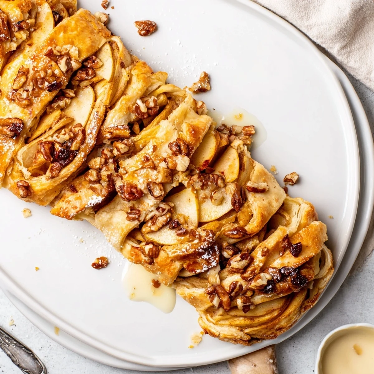 Warm, flaky Apple Strudel with a golden crust, perfect with creamy vanilla sauce.