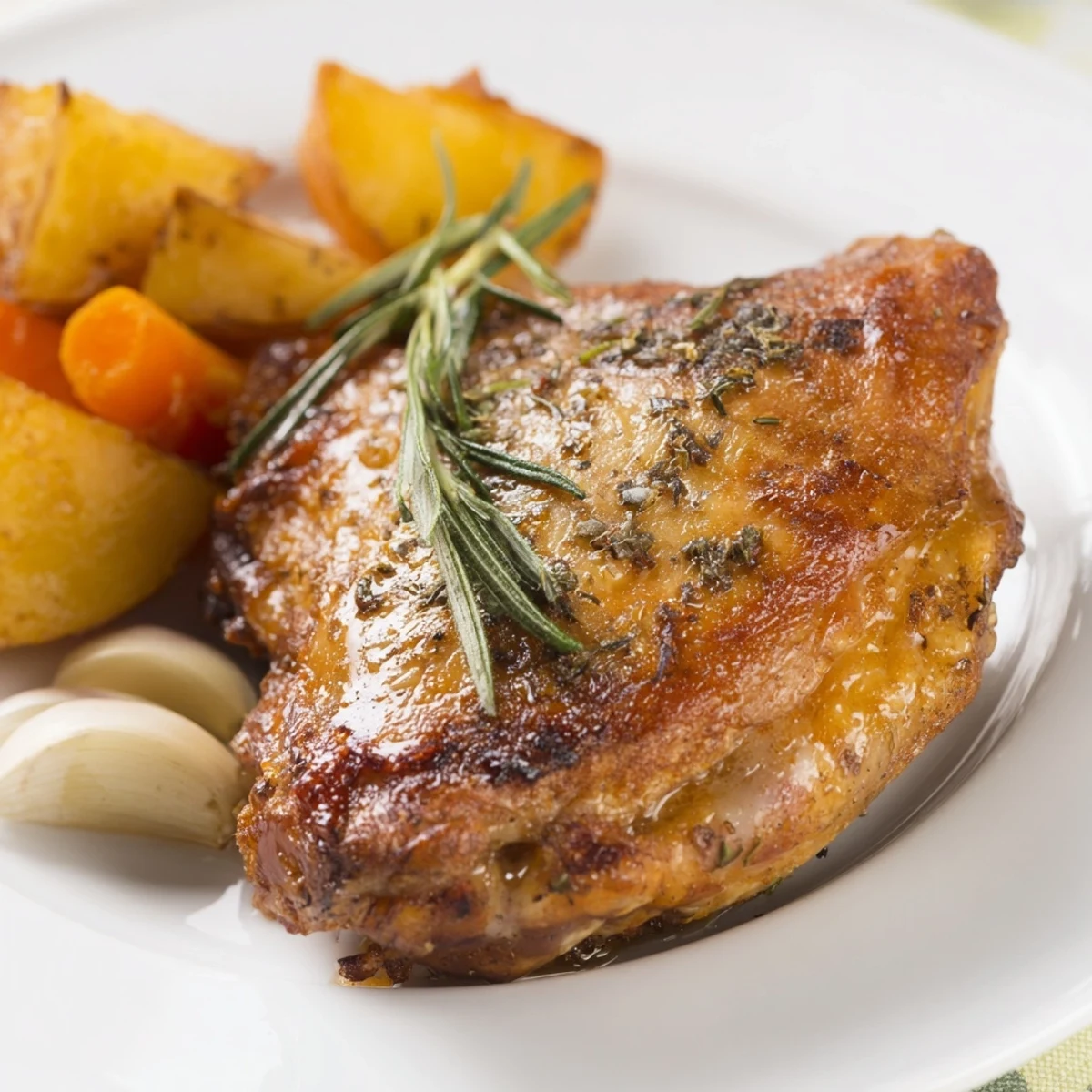 Golden brown Roast Chicken with Rosemary and Garlic, ready to serve with fragrant herbs.