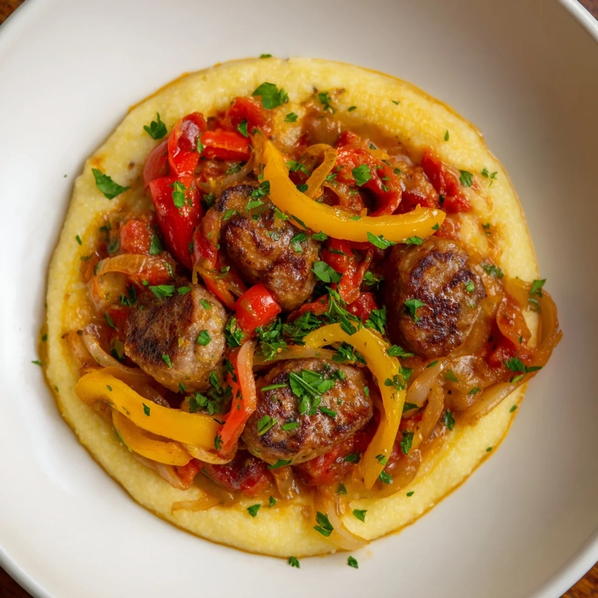 Close-up shot of the Herb-Cozy Skillet Sausage and Peppers, with creamy polenta, showing the dish's vibrant colors.