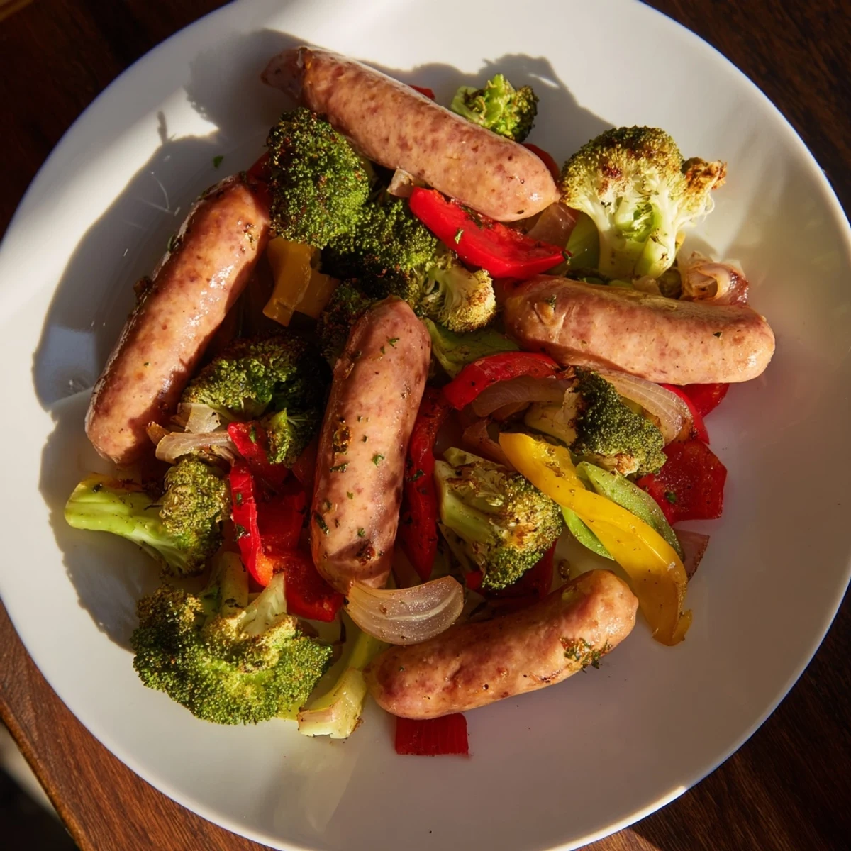 Sizzling, golden Simple Rustic Sheet-Pan Sausage with colorful roasted broccoli and bell peppers, ready to serve.