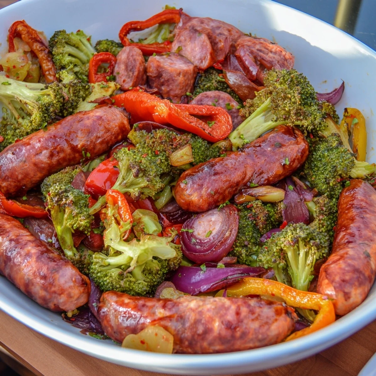 Tender Simple Rustic Sheet-Pan Sausage, surrounded by caramelized vegetables, showcasing a delicious family-style dinner.