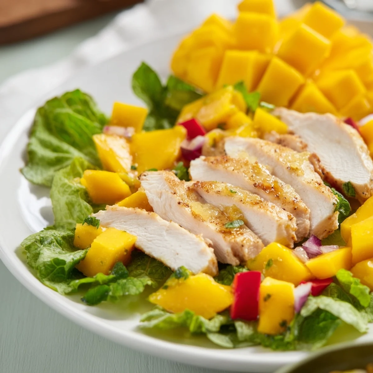 Grilled chicken and mango salsa filling fresh lettuce wraps, a flavorful and healthy meal.