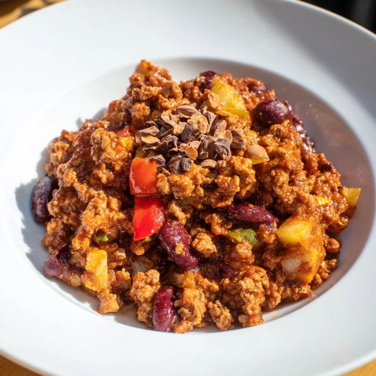 Steaming One-Pot Cozy Chocolate Chili, rich with ground beef, tomatoes, and cocoa nibs for a comforting meal.
