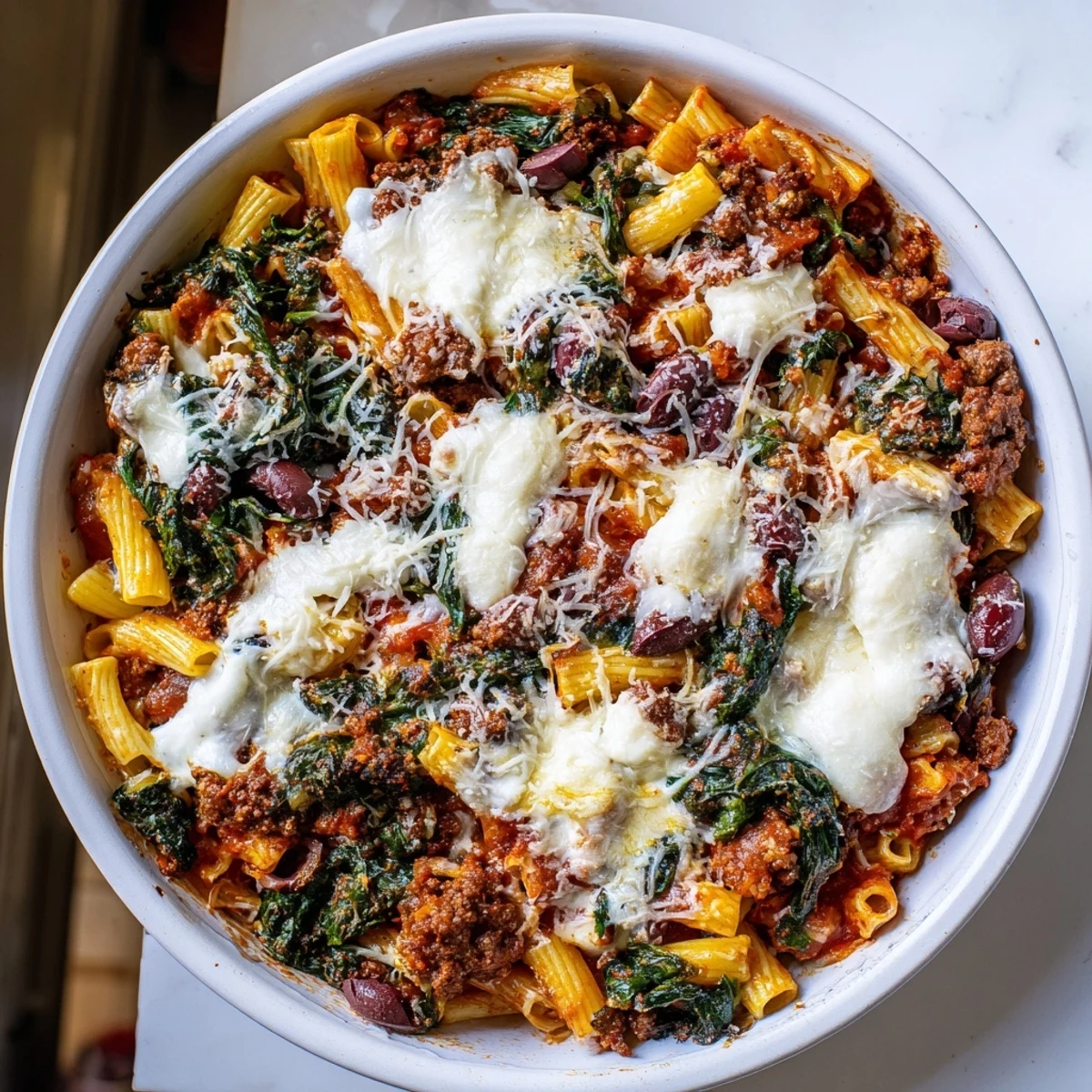 A cheesy, bubbling image of Olive-Warm Baked Ziti featuring tender pasta and rich ricotta cheese.