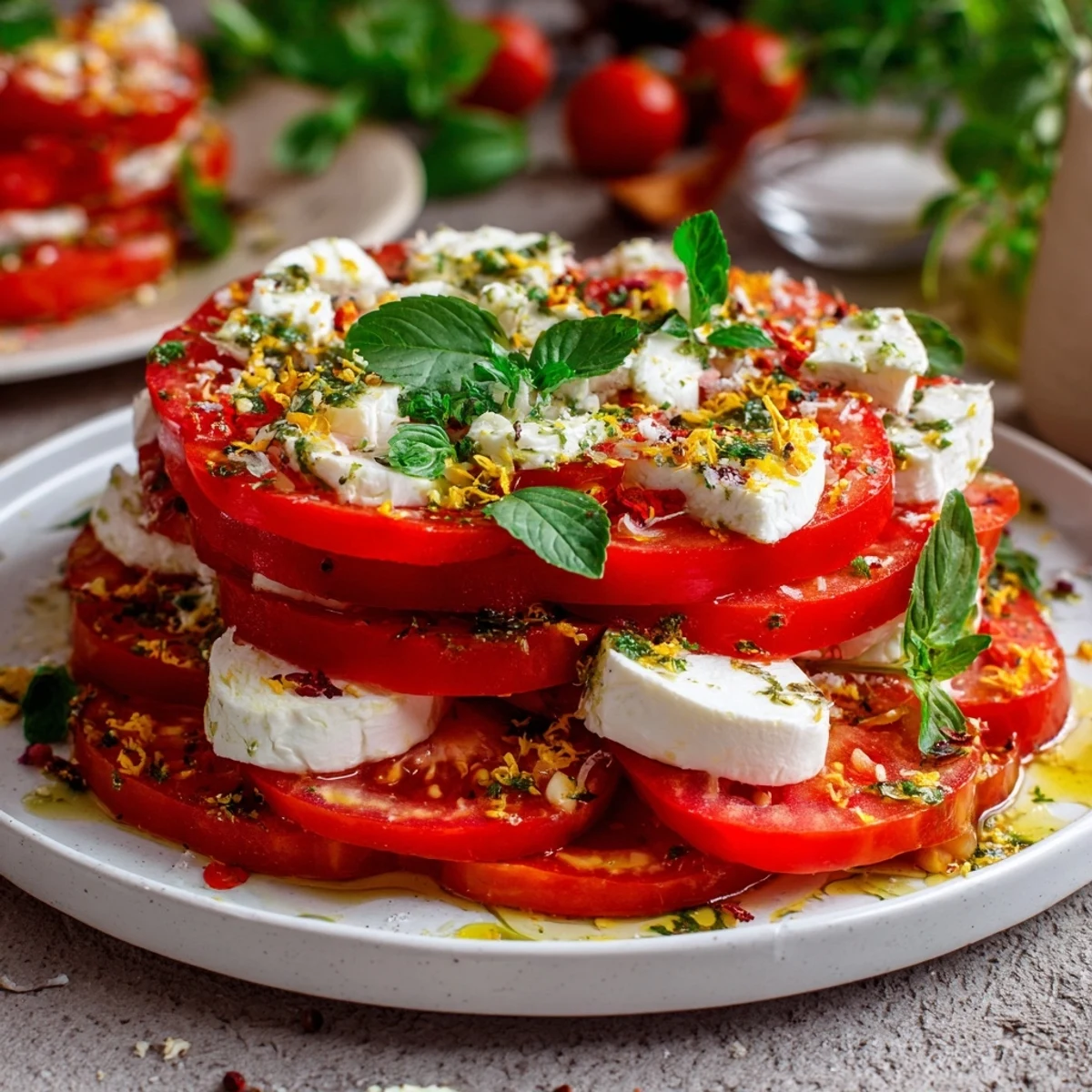 A bright Caprese salad featuring juicy tomatoes, mozzarella, and a fragrant basil vinaigrette, drizzled generously.