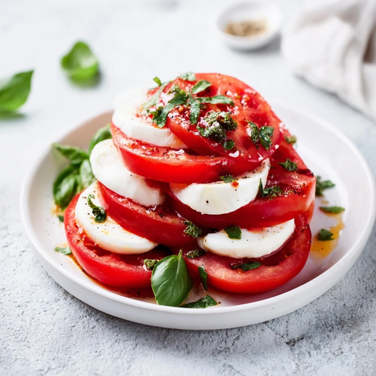 Beautiful Caprese salad, with layers of tomatoes and mozzarella enhanced by fresh basil, waiting to be enjoyed.