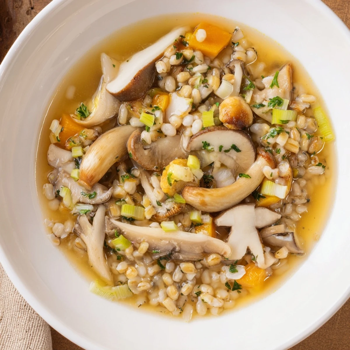 Steaming hot bowl of Wild Mushroom and Barley Soup, garnished with vibrant parsley, perfect for a cozy supper.