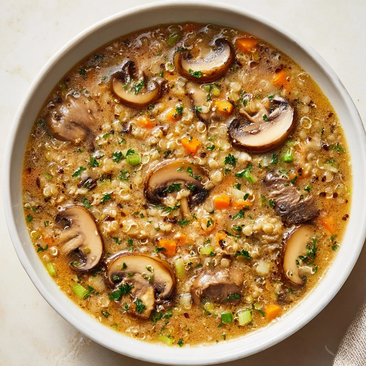 A close-up shot of rich and creamy Wild Mushroom and Barley Soup, with visible tender barley and earthy flavors.