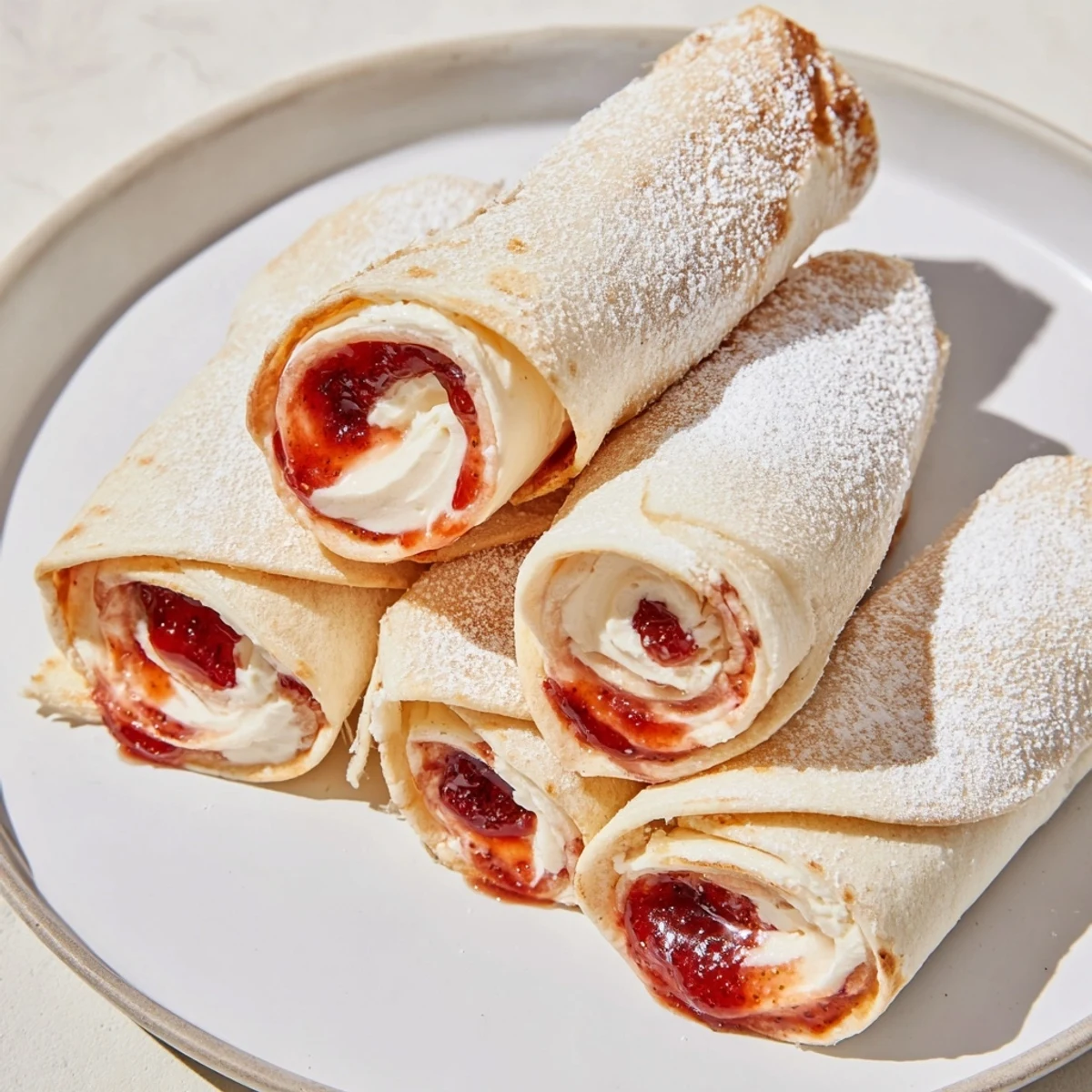 A plate of Snow Angel Tortilla Wraps, cut and dusted with powdered sugar, ready to eat.