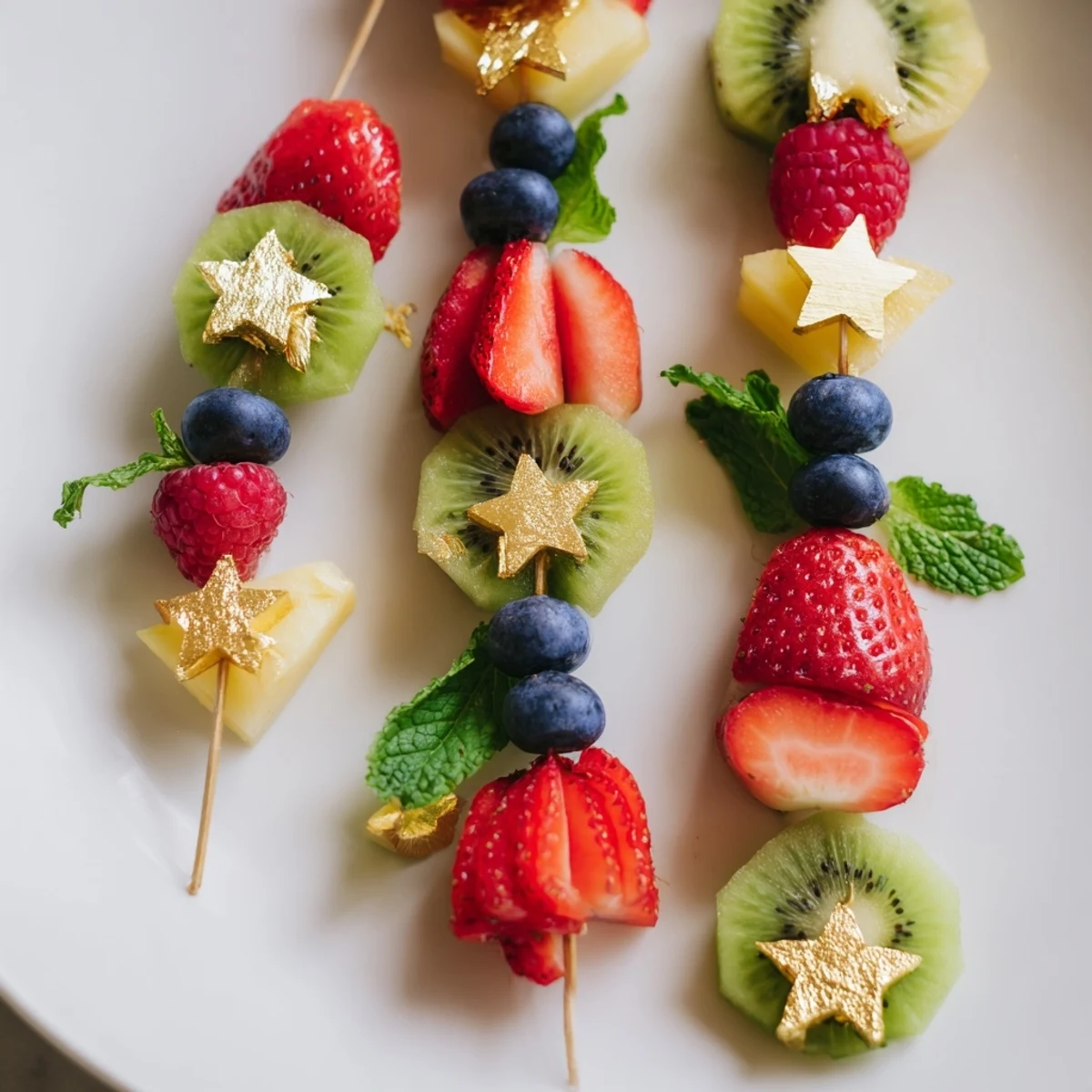 Vibrantly colorful Champagne Flute Fruit Garnishes: strawberries, kiwi, and pineapple ready to adorn flutes.