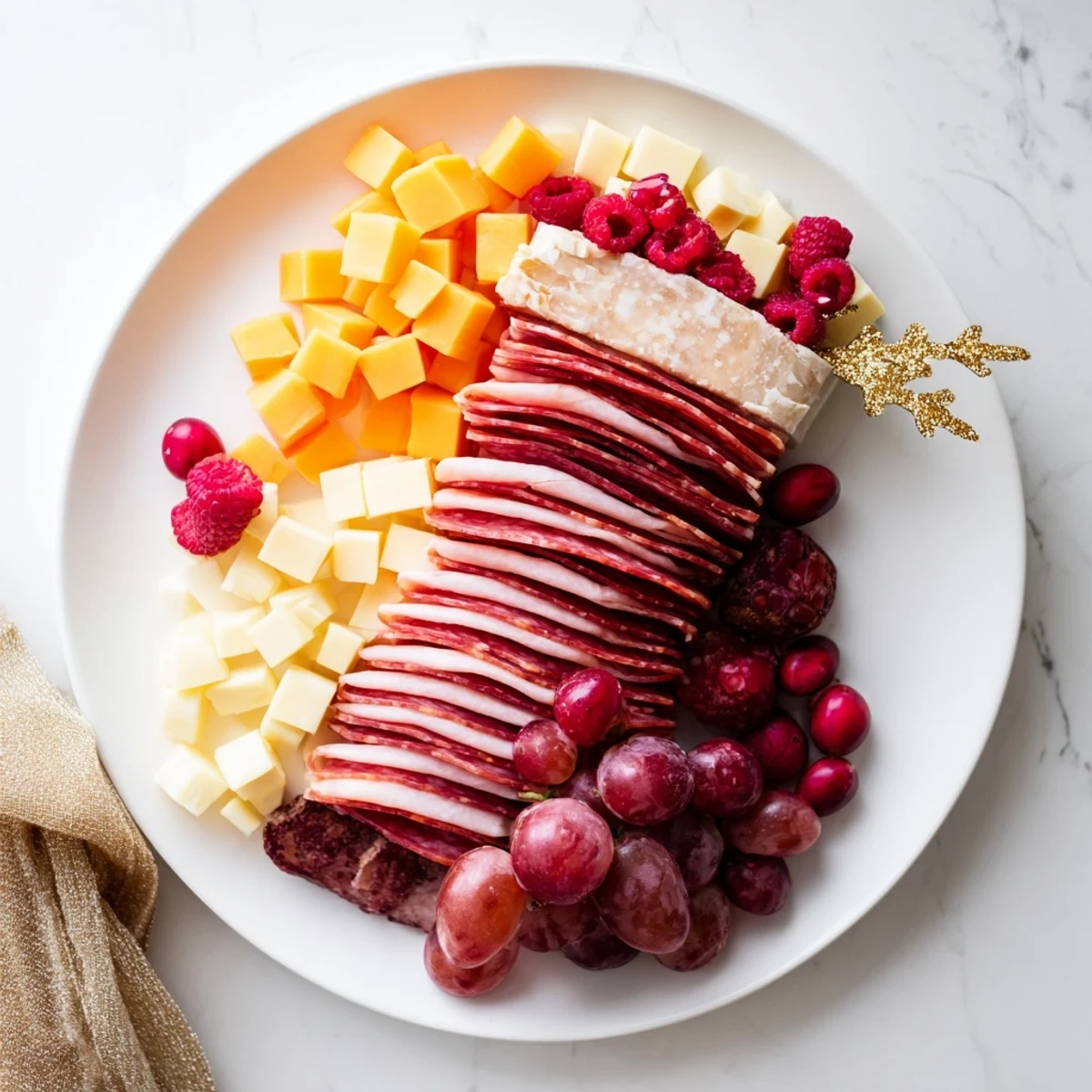 Imagine a vibrant Festive Stocking Charcuterie Board with a colorful assortment of meats and cheeses for serving.