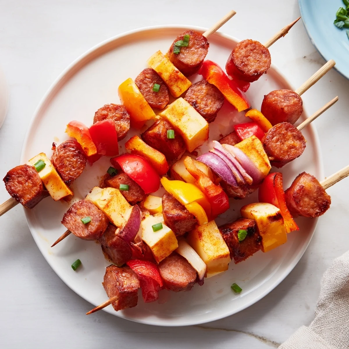 Savory skewers: Chimney stack sausage and cheese sizzling on a grill, showcasing vibrant red bell peppers and melted cheese.