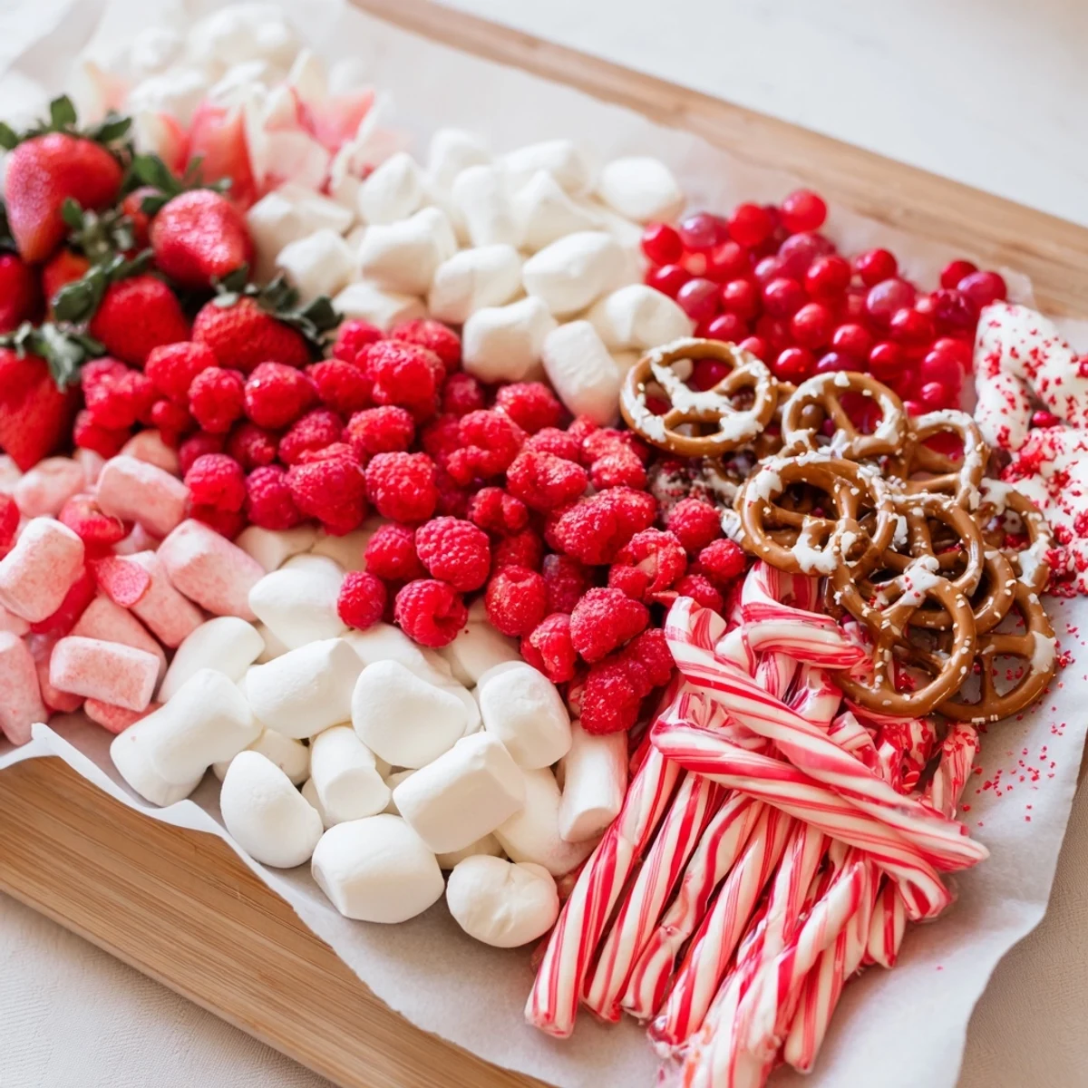 Sweet Board creation: A dazzling platter of red and white candies, perfect for festive snacking.