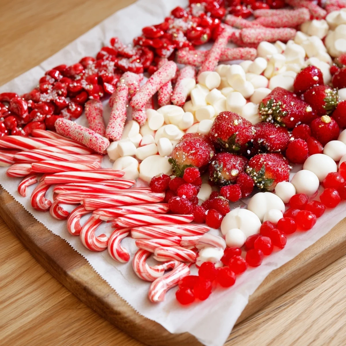 Enjoy this Sweet Board with peppermint candy canes and truffles; a delightful party dessert idea.