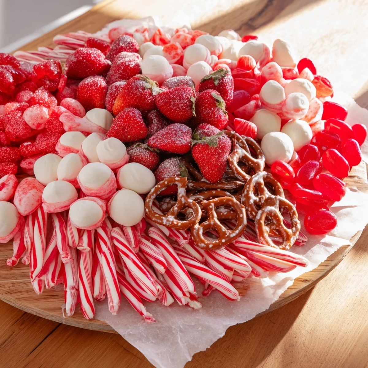 Vibrant Sweet Board displays fresh strawberries and an assortment of striped candies, ready to serve guests.
