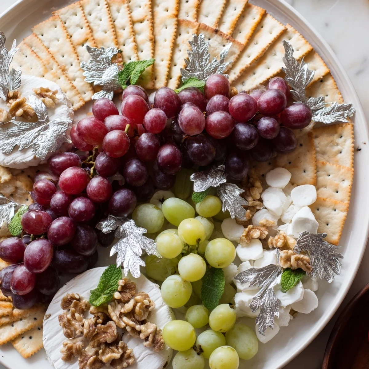 Enjoy this Sparkling Grape and Silver Cracker Platter; the creamy cheese and sweet grapes pair perfectly.