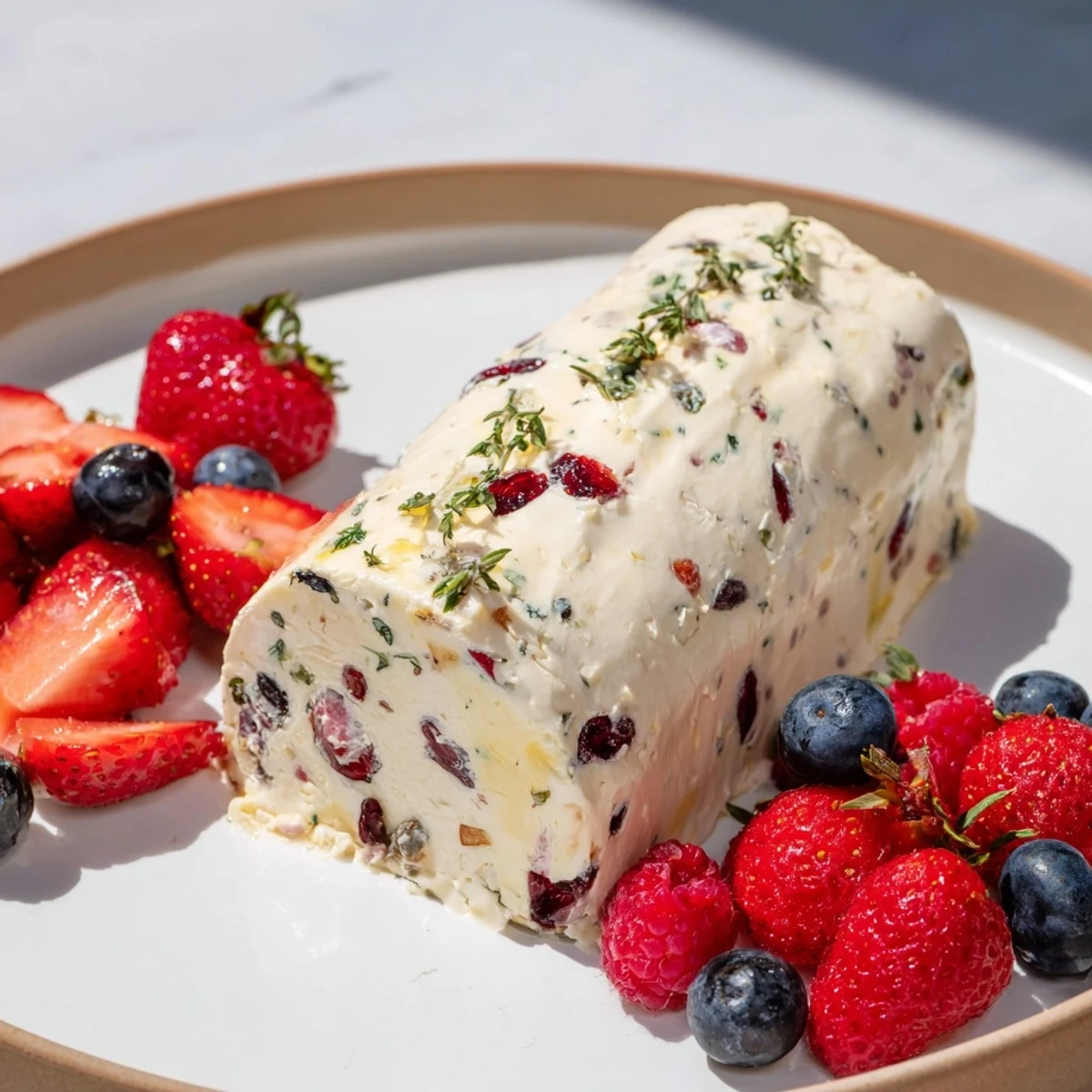 Creamy cranberry & goat cheese log, encircled by vibrant red berries, ideal for elegant appetizers.