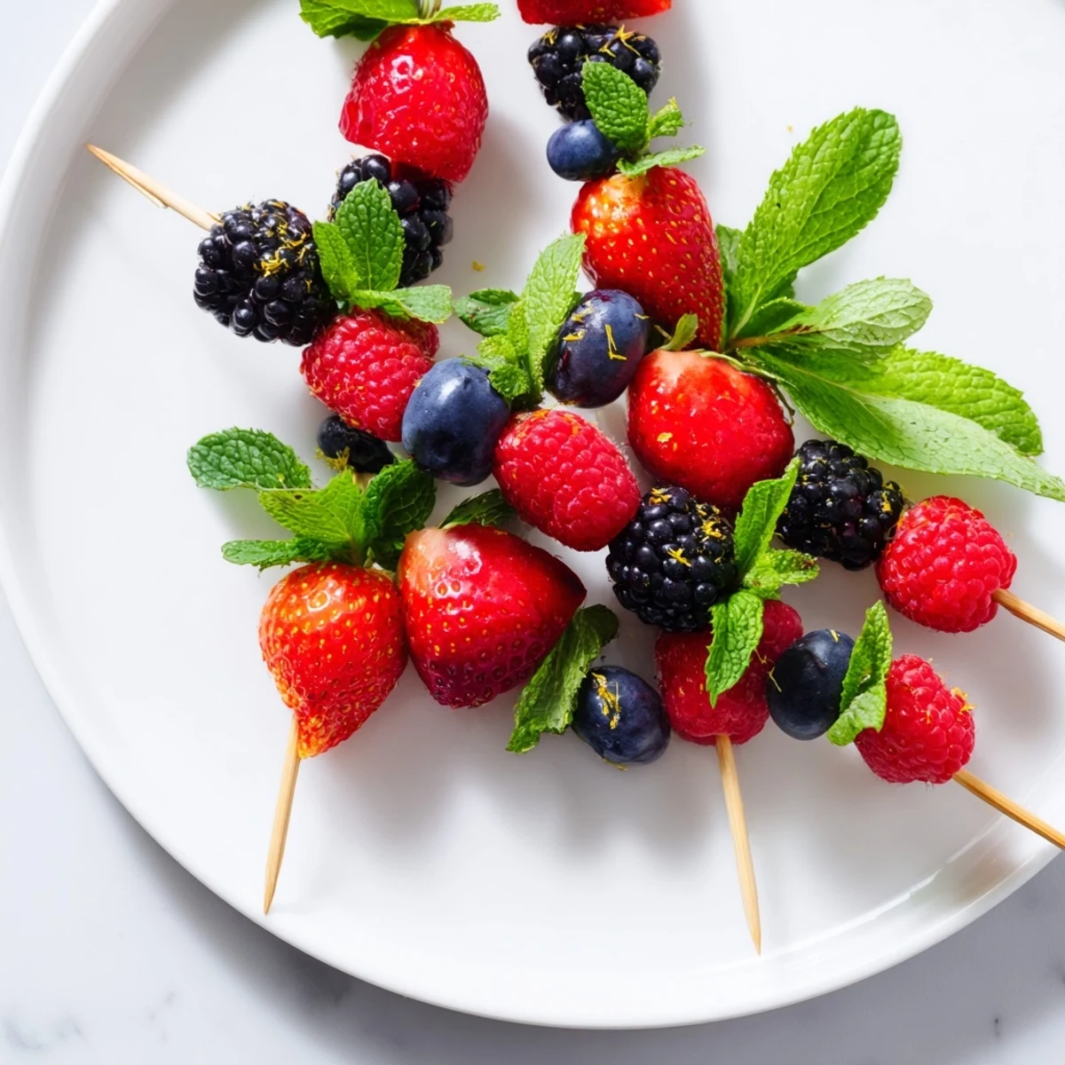 Vibrant, fresh Fruit Skewers with juicy berries and mint sprigs ready for your next party.