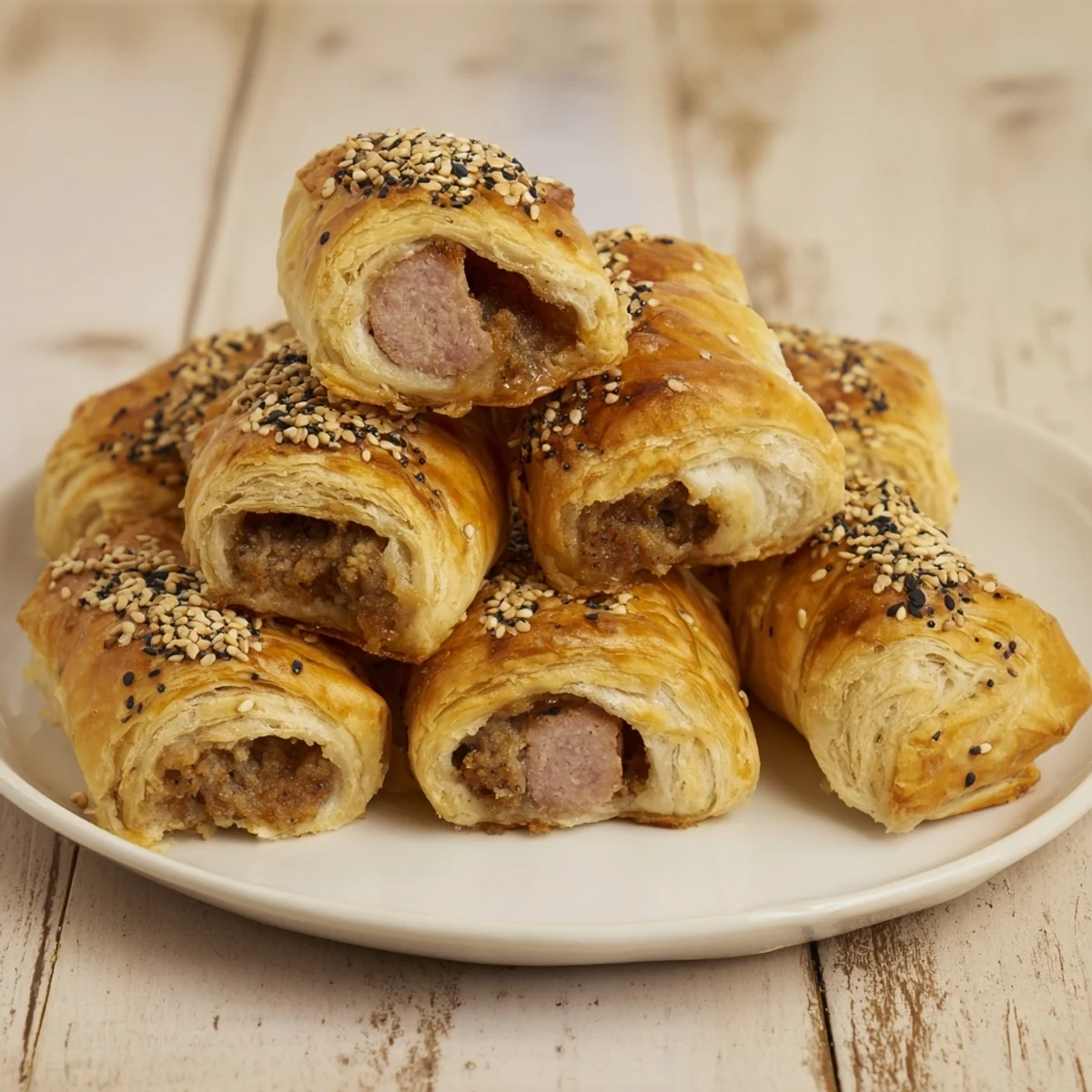 Golden-brown mini sausage roll half-circle wreath, savory aroma, ready for sharing at a gathering.