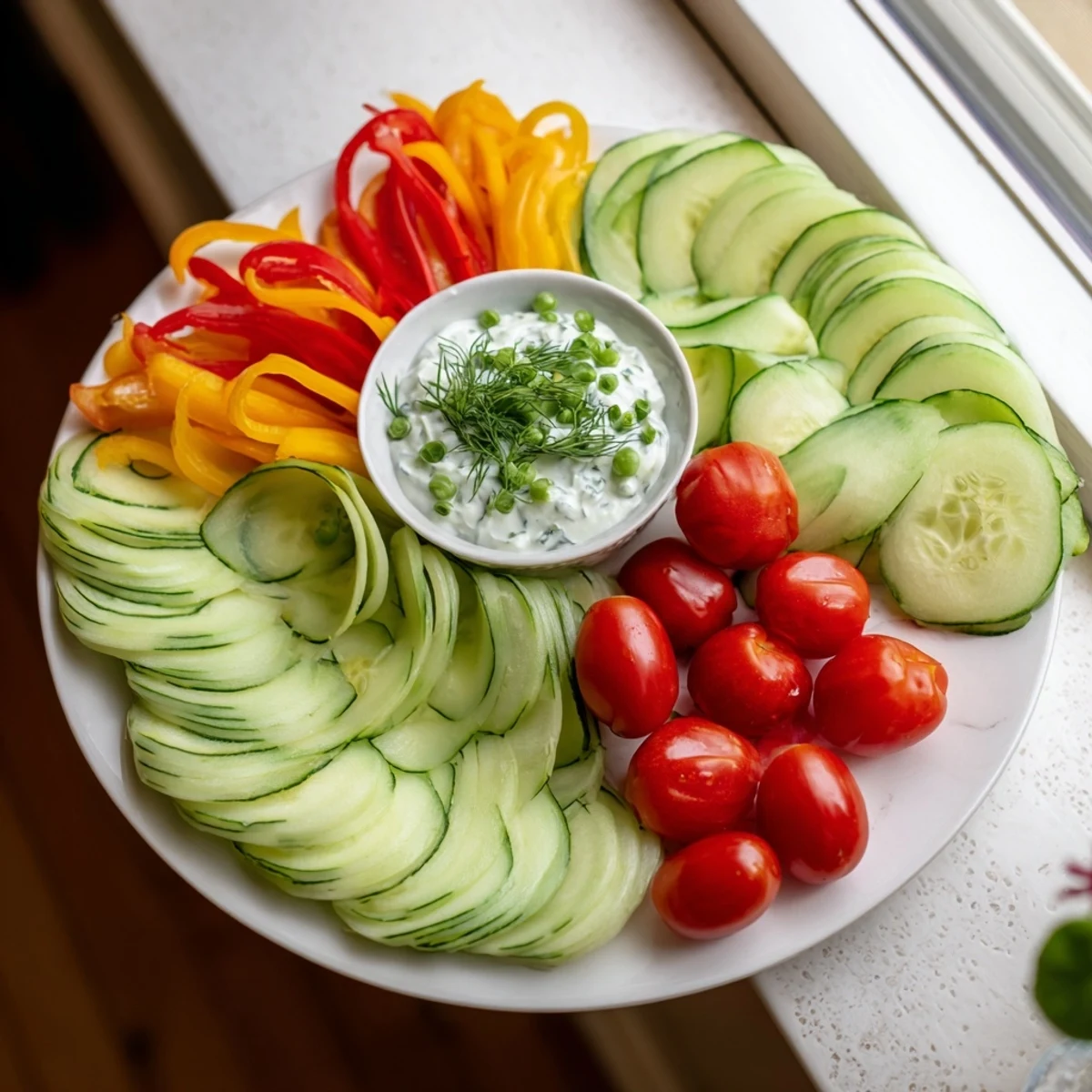Elegant Veggie Platter: Fan-shaped cucumbers and carrots with creamy herbed dip, a refreshing appetizer.