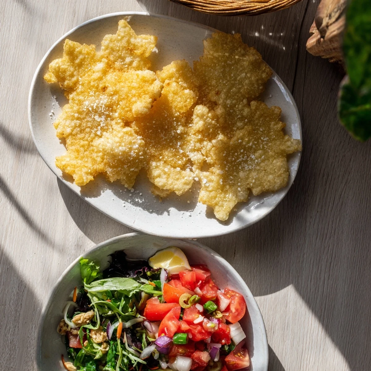 Vividly colorful Winter Salad showcasing the crunchy snowflake tortilla chips with a zesty tomato salsa.