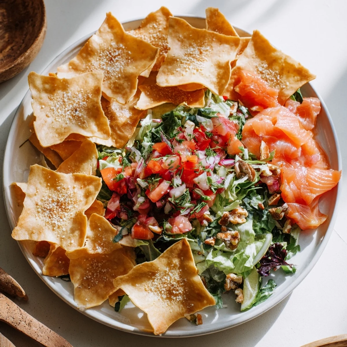 A close-up of the elegant Winter Salad: snowflake tortilla chips alongside a vibrant, fresh salsa.