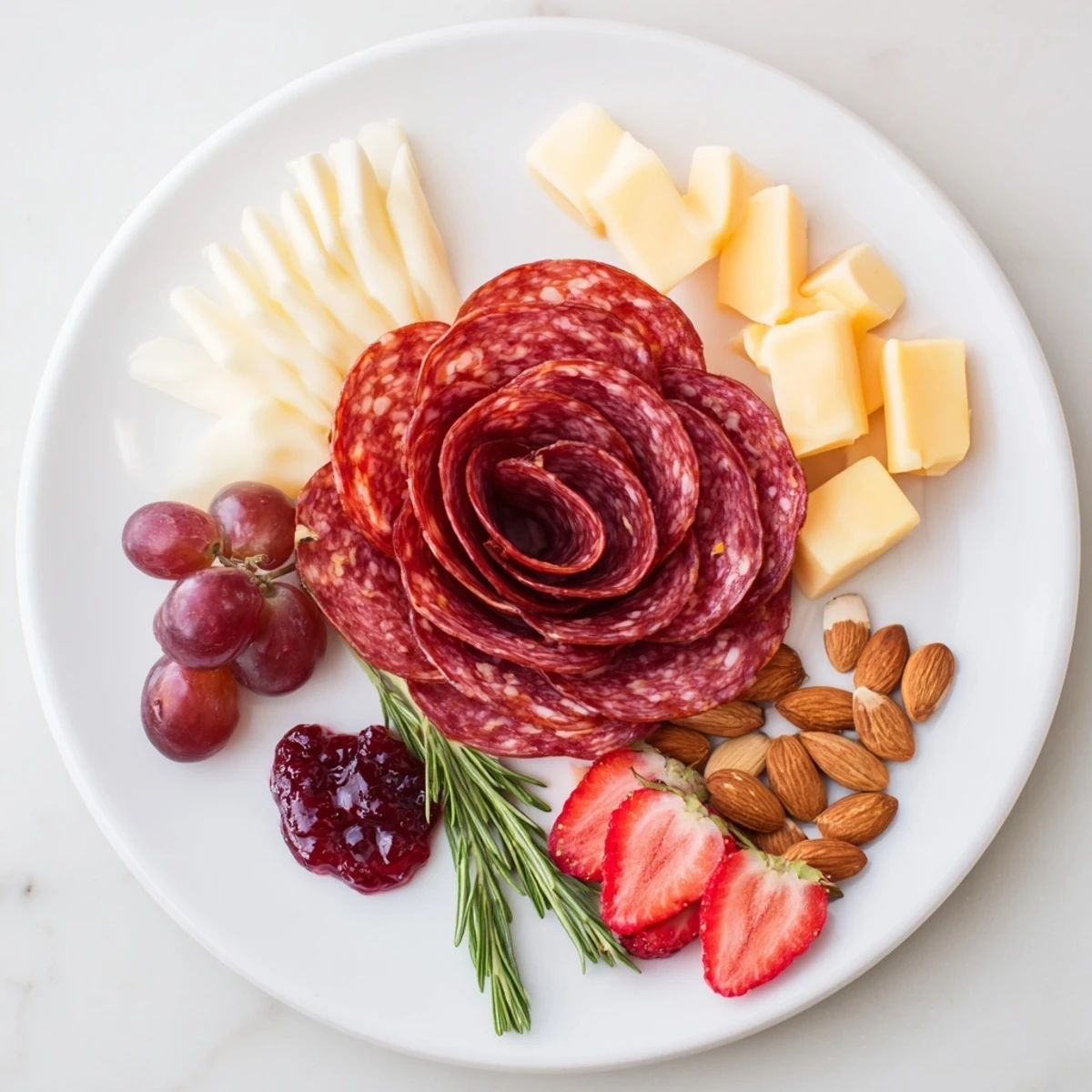 Easy charcuterie: a close-up of the salami rose on a single-serve board with colorful fruit.
