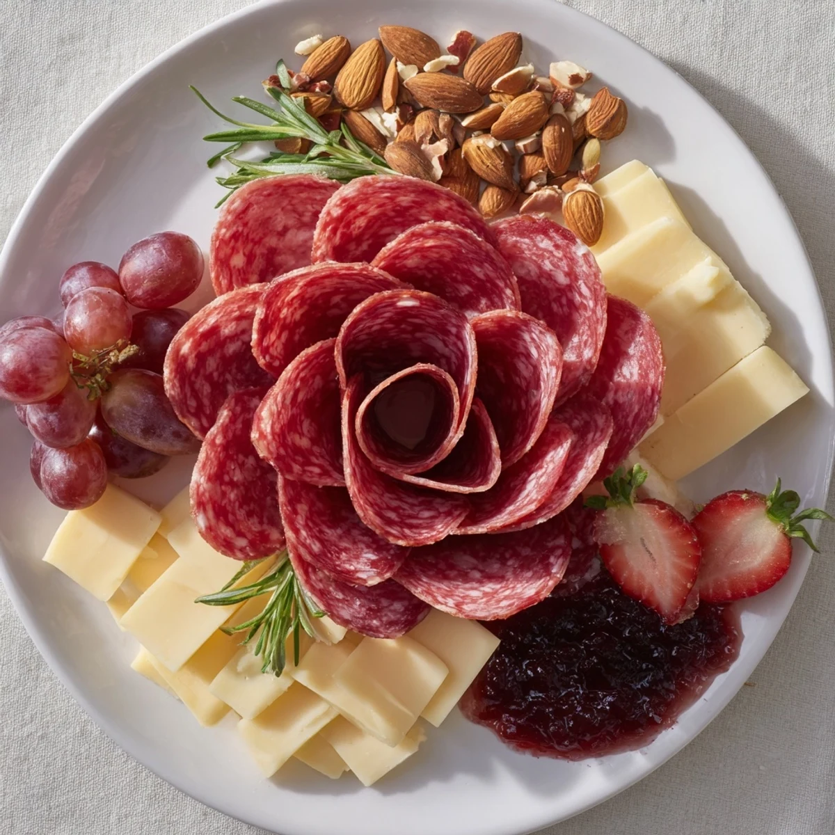 See this easy charcuterie, with a beautiful salami rose, plus cheese, almonds, and fig jam.