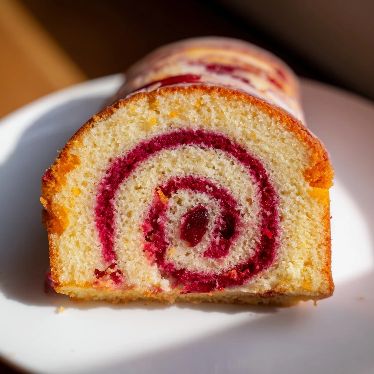 A slice of Cranberry Orange Swirl cake, swirled with juicy cranberry and citrus zest.