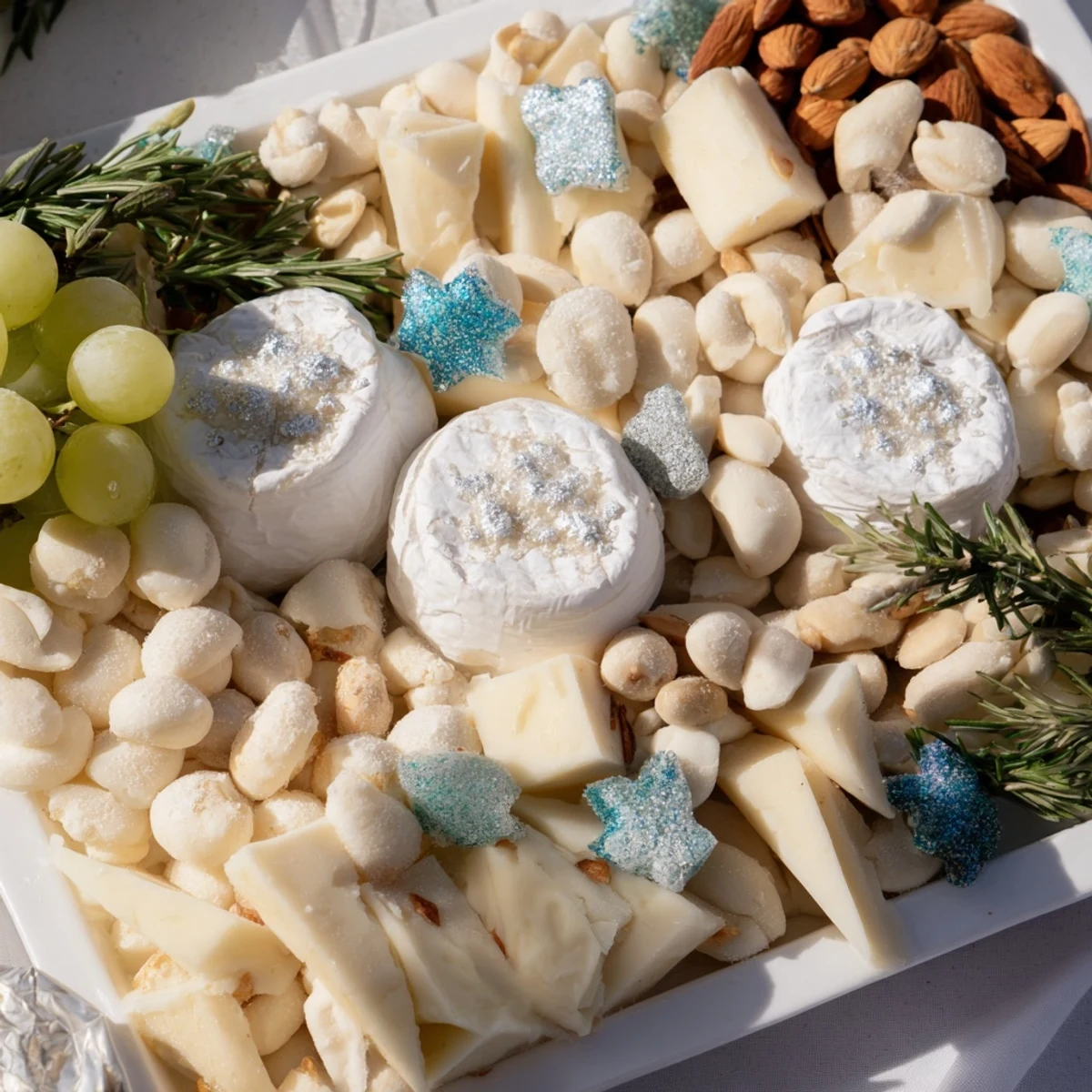 A Winter Wonderland Platter filled with creamy white cheeses, nuts, and frosted rosemary for an elegant appetizer.
