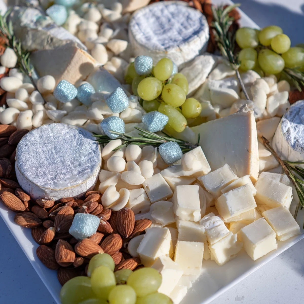 This beautiful Winter Wonderland Platter showcases white crackers, sugared almonds, and a selection of delightful cheese varieties.