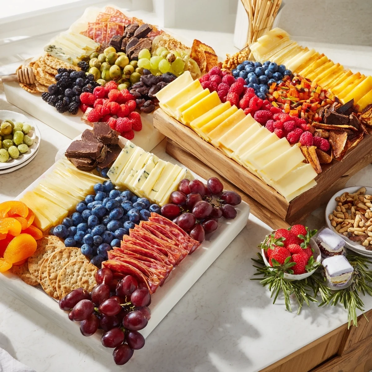 A visually striking Nutcracker Suite Board with colorful cheeses, fruits, meats, and sweets beautifully arranged.
