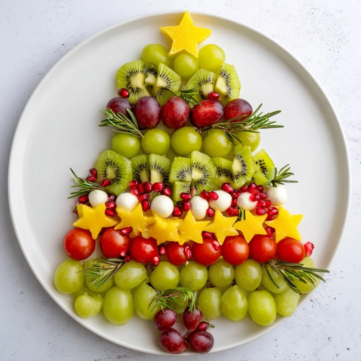 Festive Christmas Tree Triangle Board appetizer, filled with colorful fruits and olives on a wooden platter.