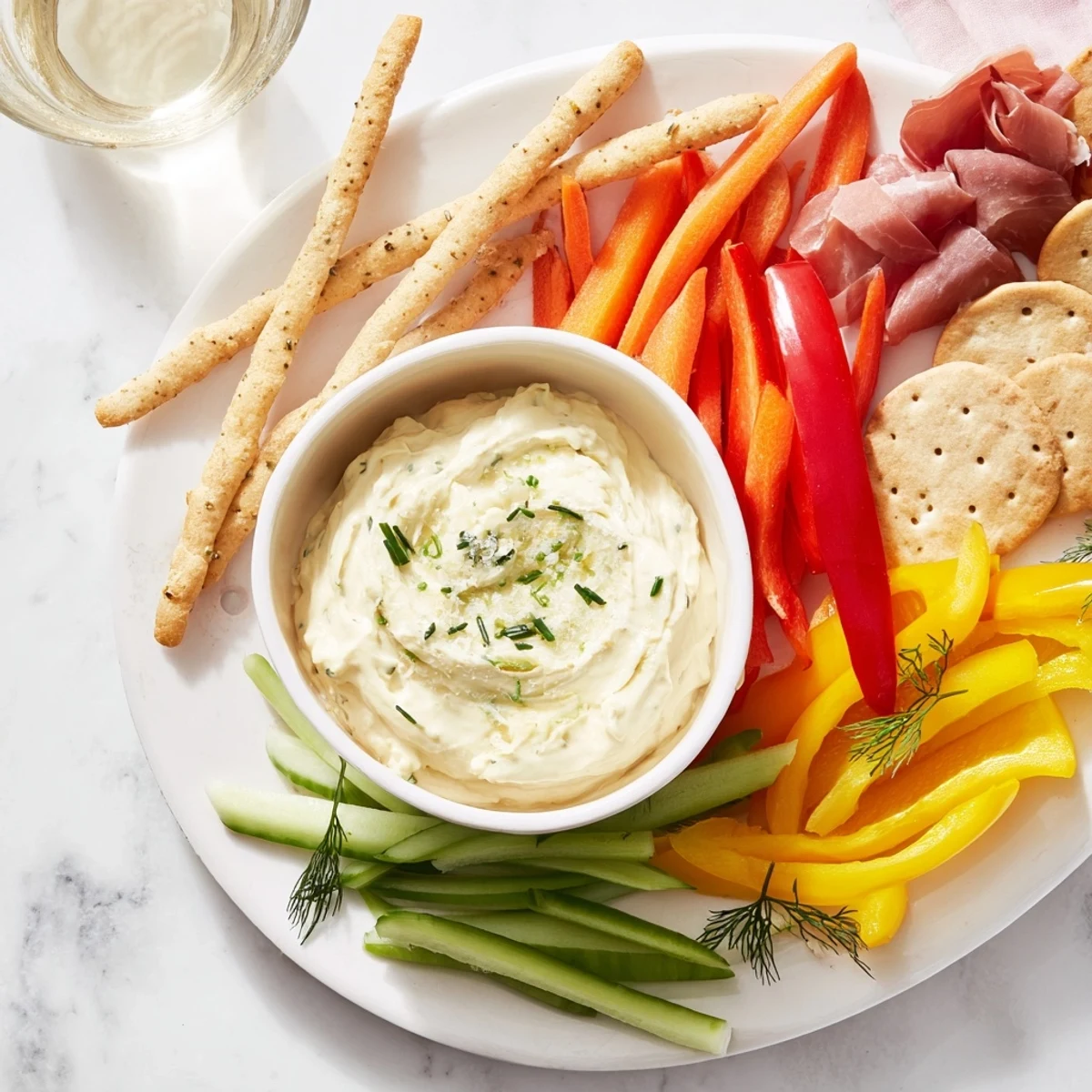 Creamy Reindeer Antler Spread appetizer with veggie antlers and crackers, perfect for a holiday party.