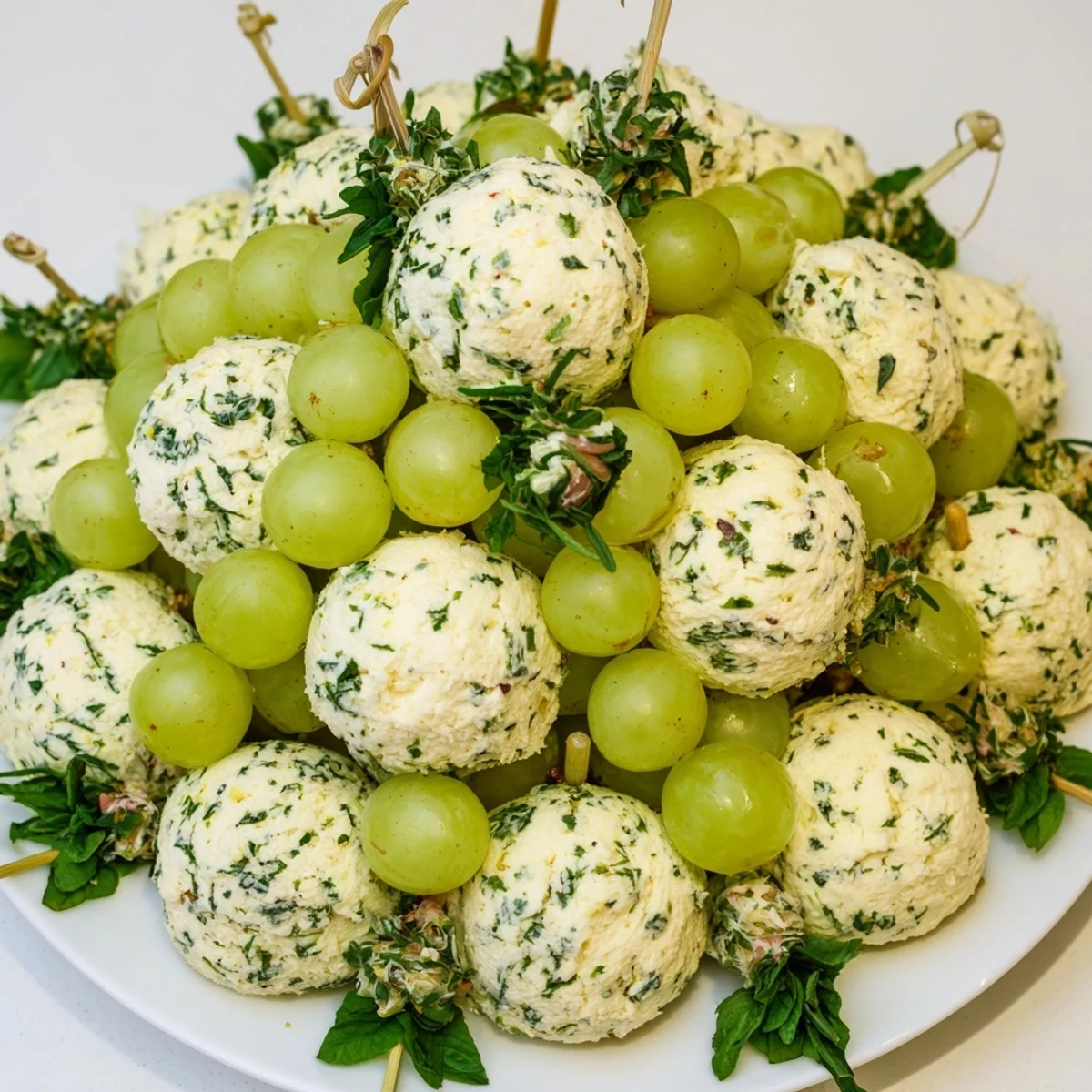Vibrant Mistletoe Kissing Ball appetizer: creamy cheese and juicy grapes adorned with fragrant herbs, ready to serve.