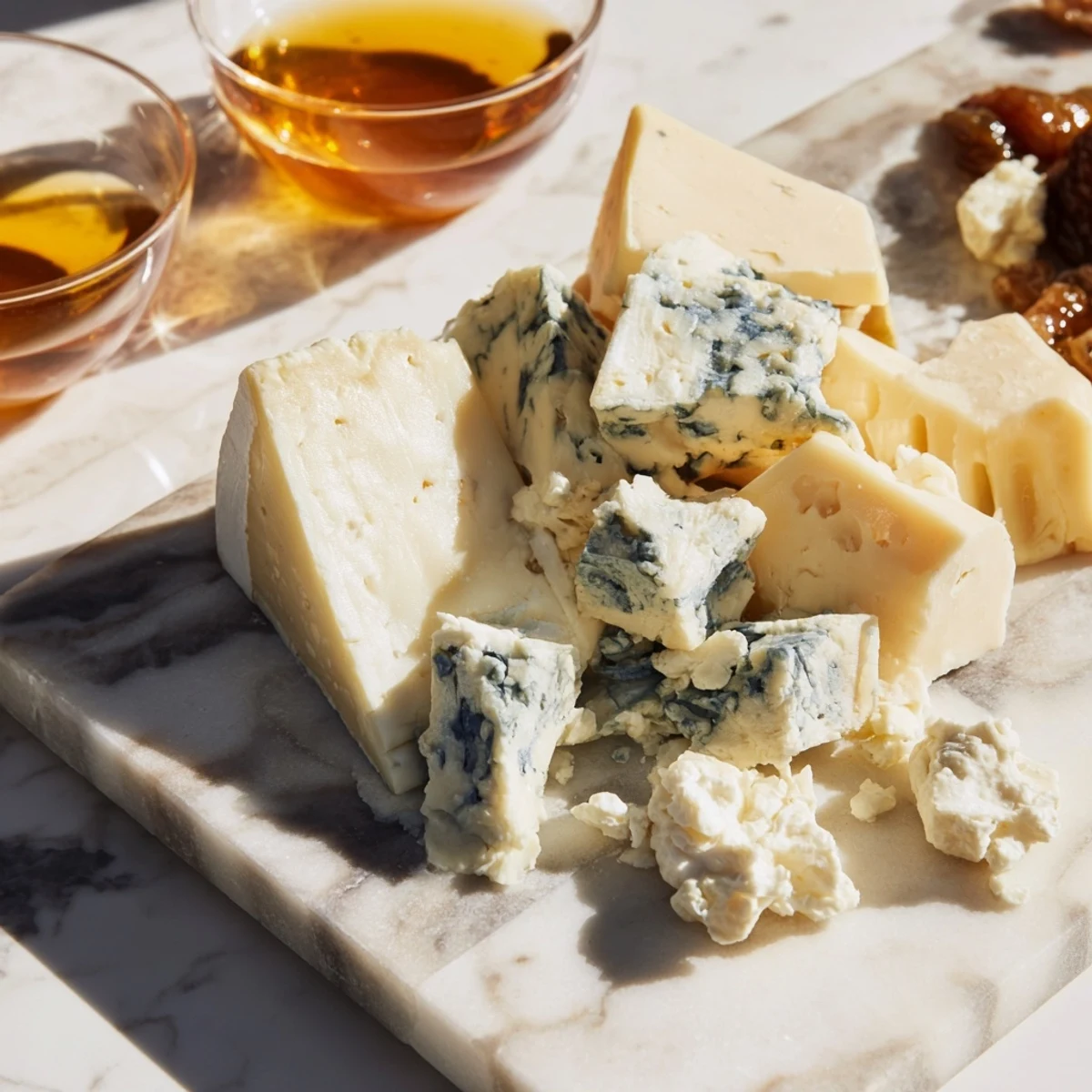 The Marble Quarry cheeseboard: Chunks of blue cheese and cheddar displayed beautifully on a marble slab.