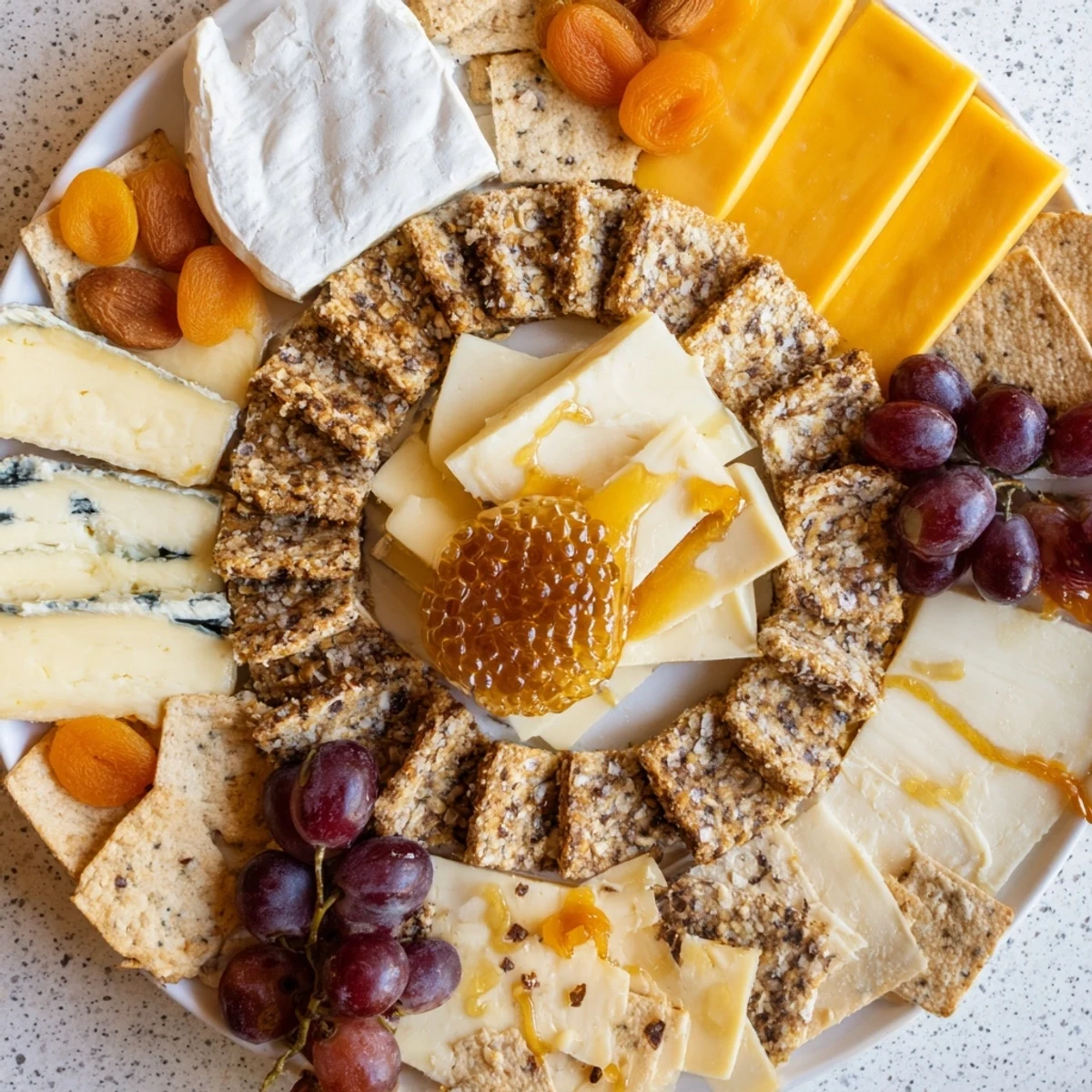 A gorgeous image showcases The Gilded Hive, an elegant cheese board with arranged, hexagon-cut cheeses.