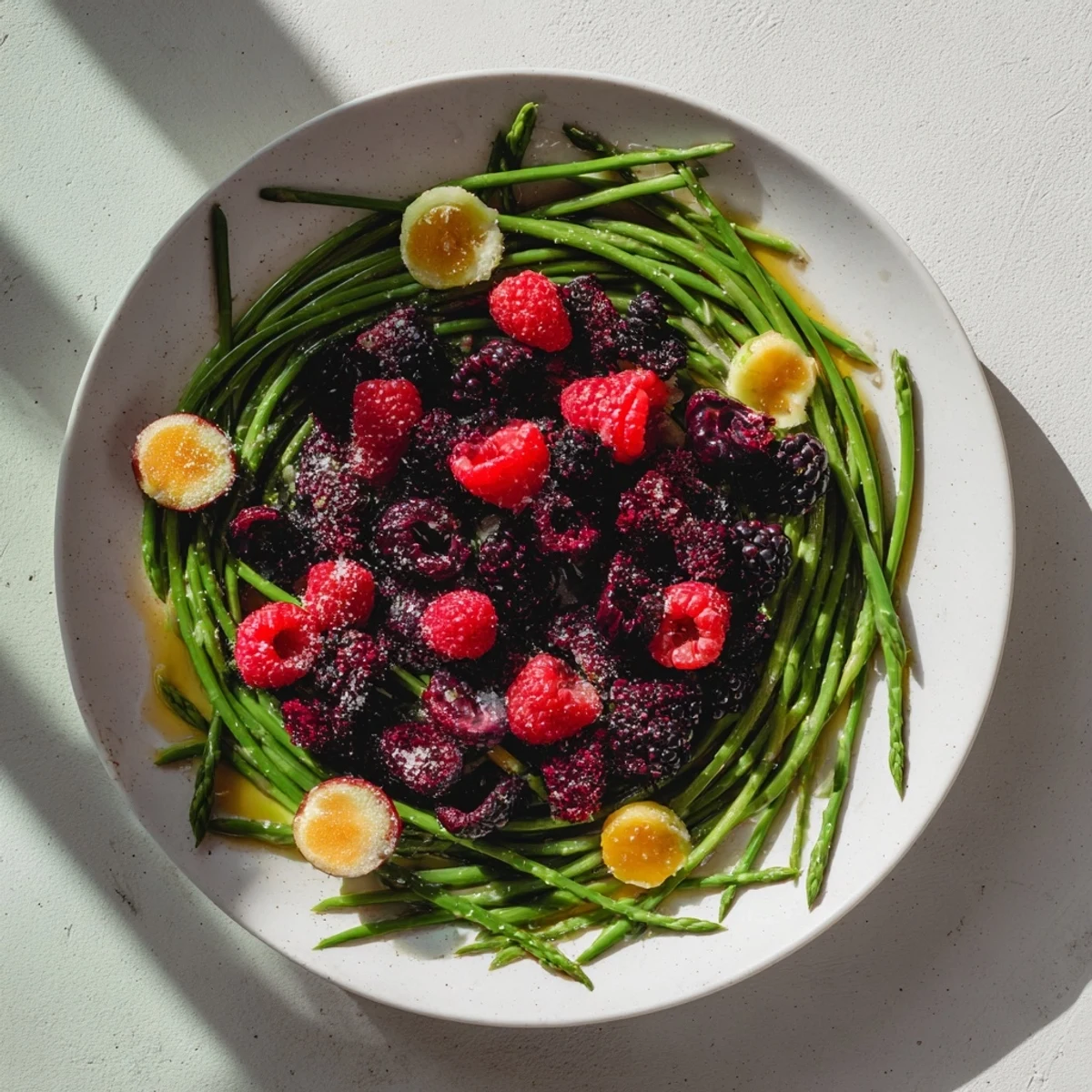 A vibrant The Botanical Lattice appetizer with crisp asparagus woven around colorful, fresh berries.