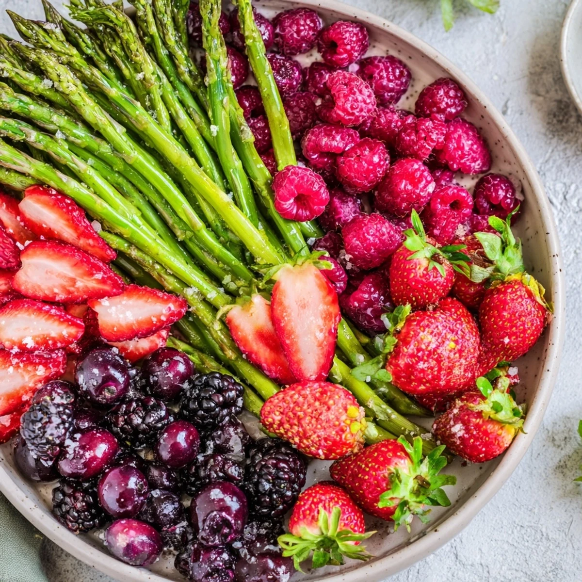 Imagine a close-up of The Botanical Lattice: woven asparagus and chives holding jeweled summer berries.